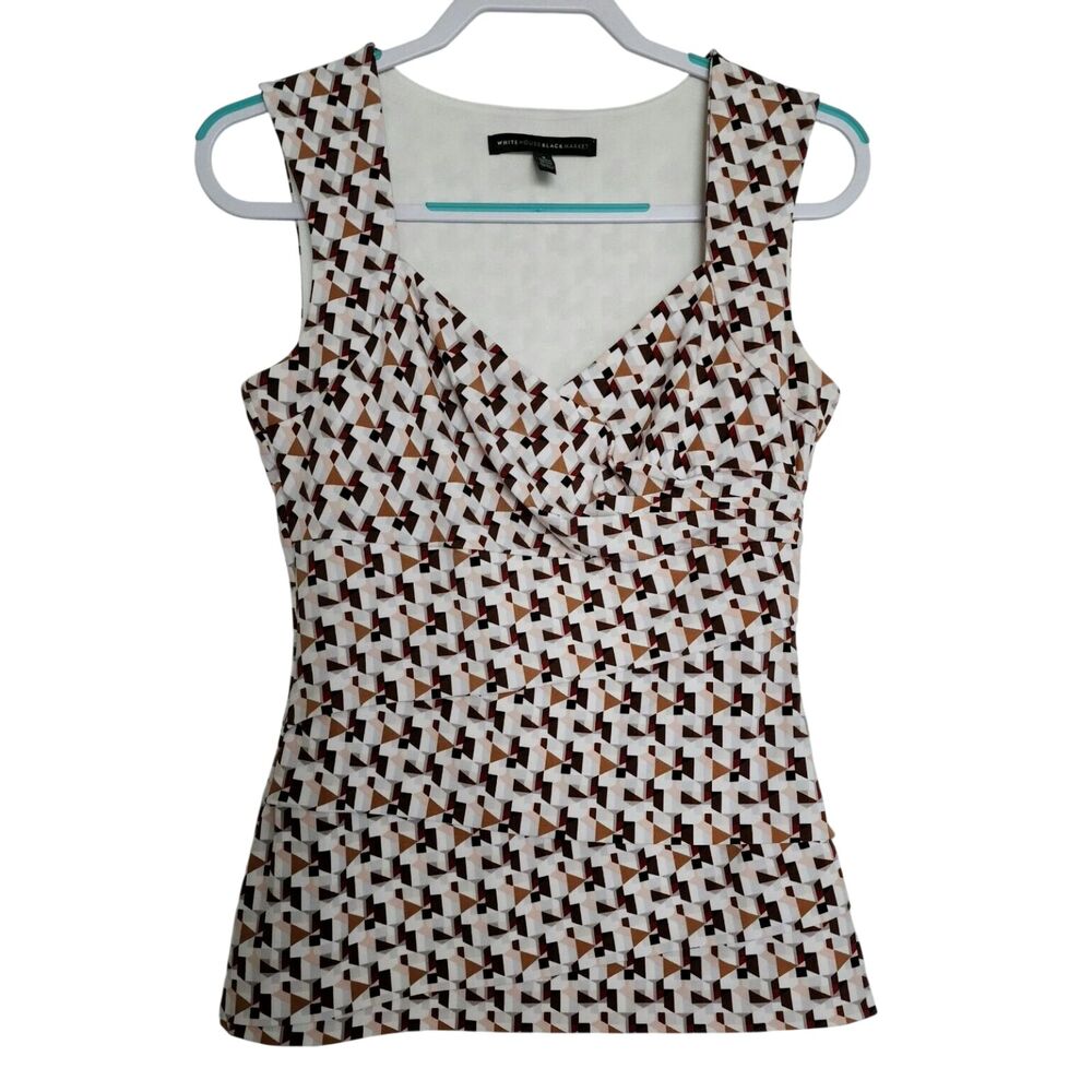 WHBM Sleeveless Tiered Fitted Top Brown Tan White Geometric Stretch Womens S